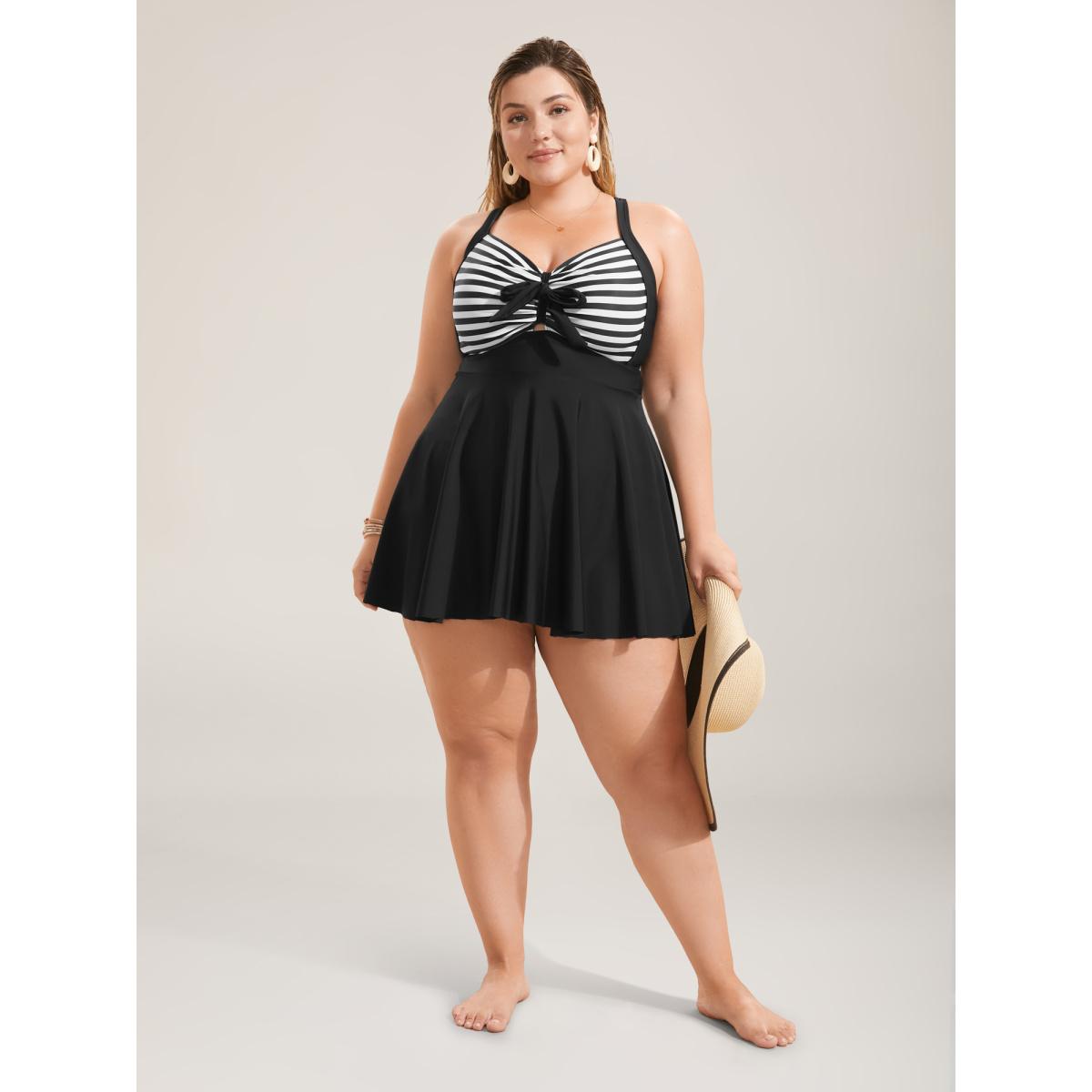 Plus Size Stripes Patchwork Tie Knot Cross Straps Swim Dress Women's Swimwear Black Resort Bodycon Heart neckline High stretch Curve Swim Dresses BloomChic 22-24/3X Product Image