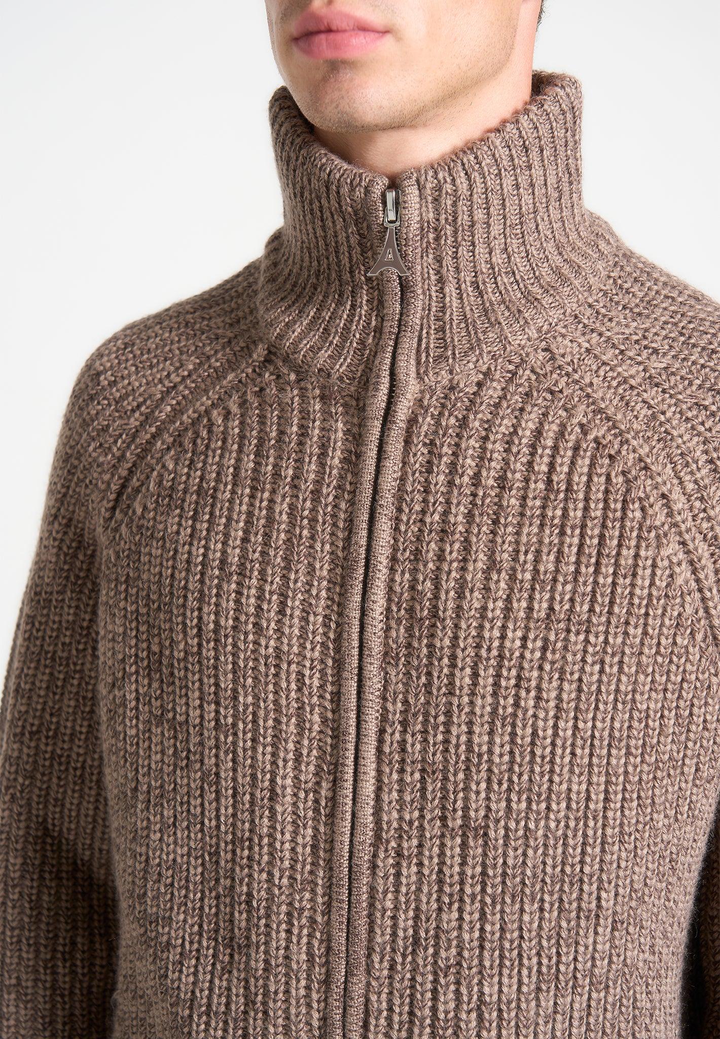 Speckled Wool Zip Up Cardigan - Taupe Male Product Image