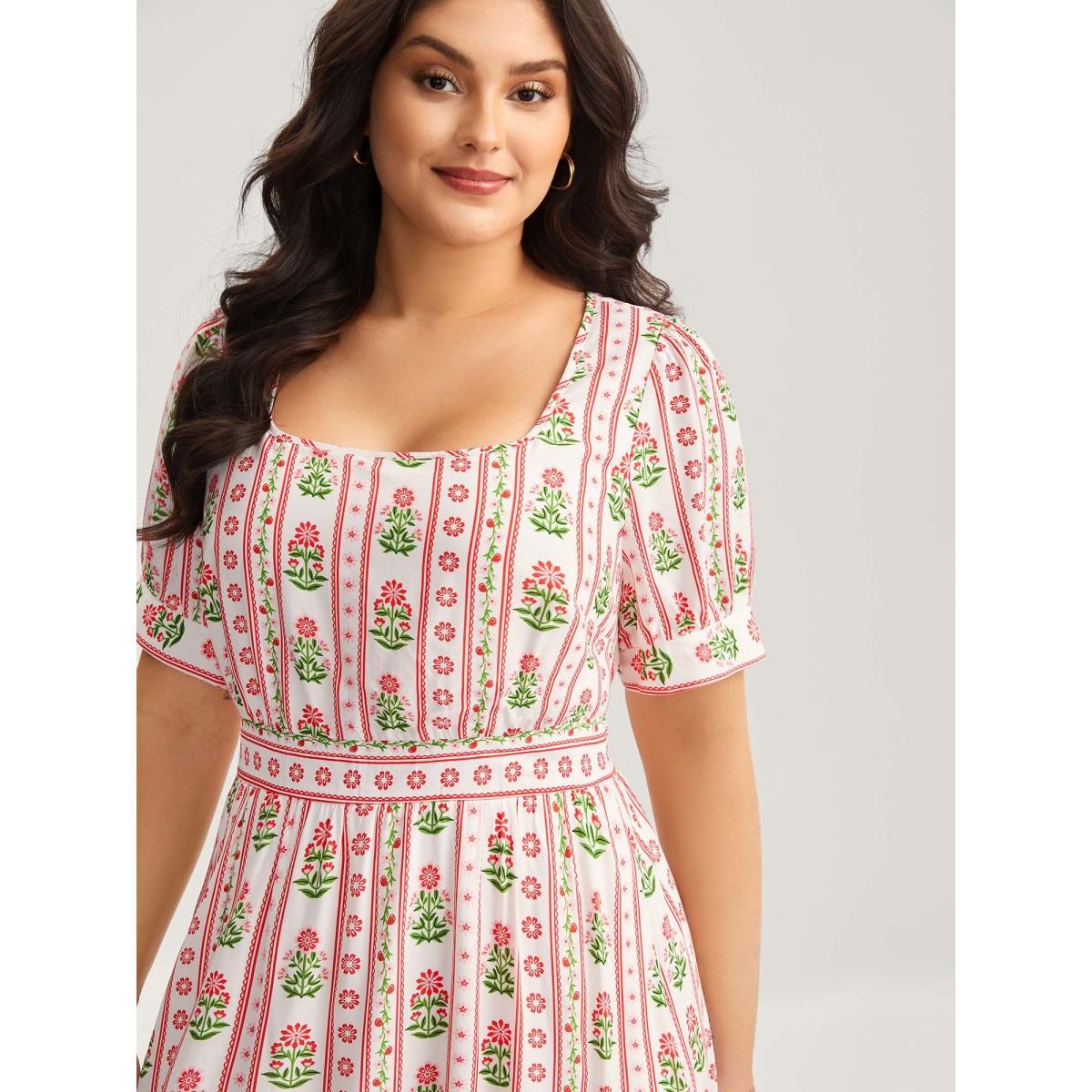 Plus Size Floral Stripe Shirred Waist Midi Dress Raspberry Women Non Short sleeve Curvy BloomChic 10/M Product Image
