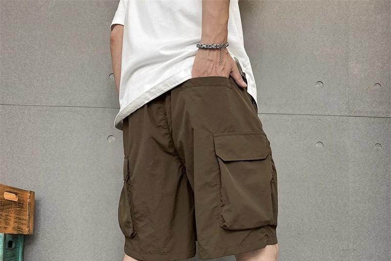 Drawstring Waist Plain Wide Leg Cargo Shorts Product Image
