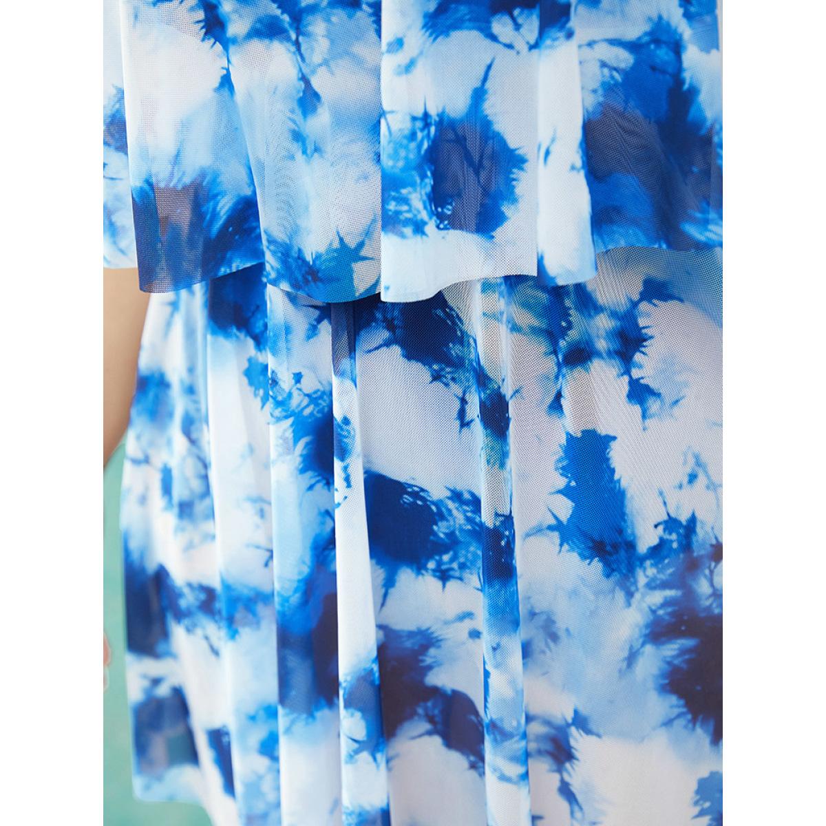 Plus Size Tie Dye Ruffle Tiered A Line Swim Dress Women's Swimwear LightBlue Vacation Bodycon High stretch Curve Swim Dresses BloomChic 10/M Product Image