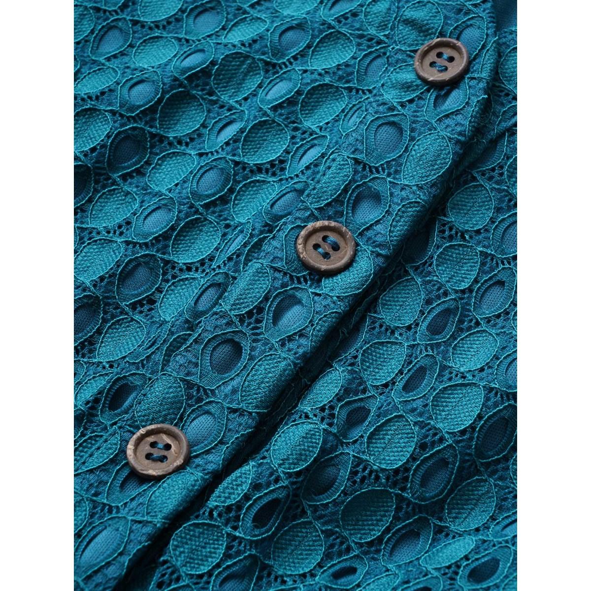 Plus Size Textured Notched Button Detail Sleeveless Dress Cerulean Women At the Office Non Notched collar Sleeveless Curvy Midi Dress BloomChic 30/6X Product Image