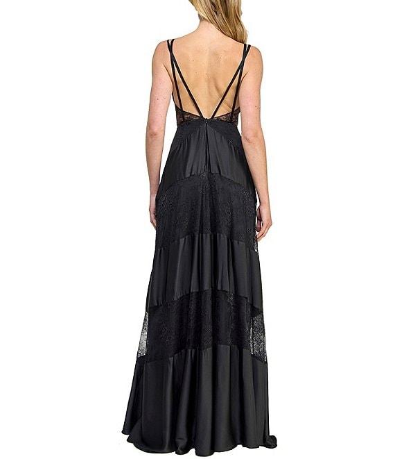 Layered With Love Celia Satin V-Neck Sleeveless Tiered Lace Maxi Dress Product Image