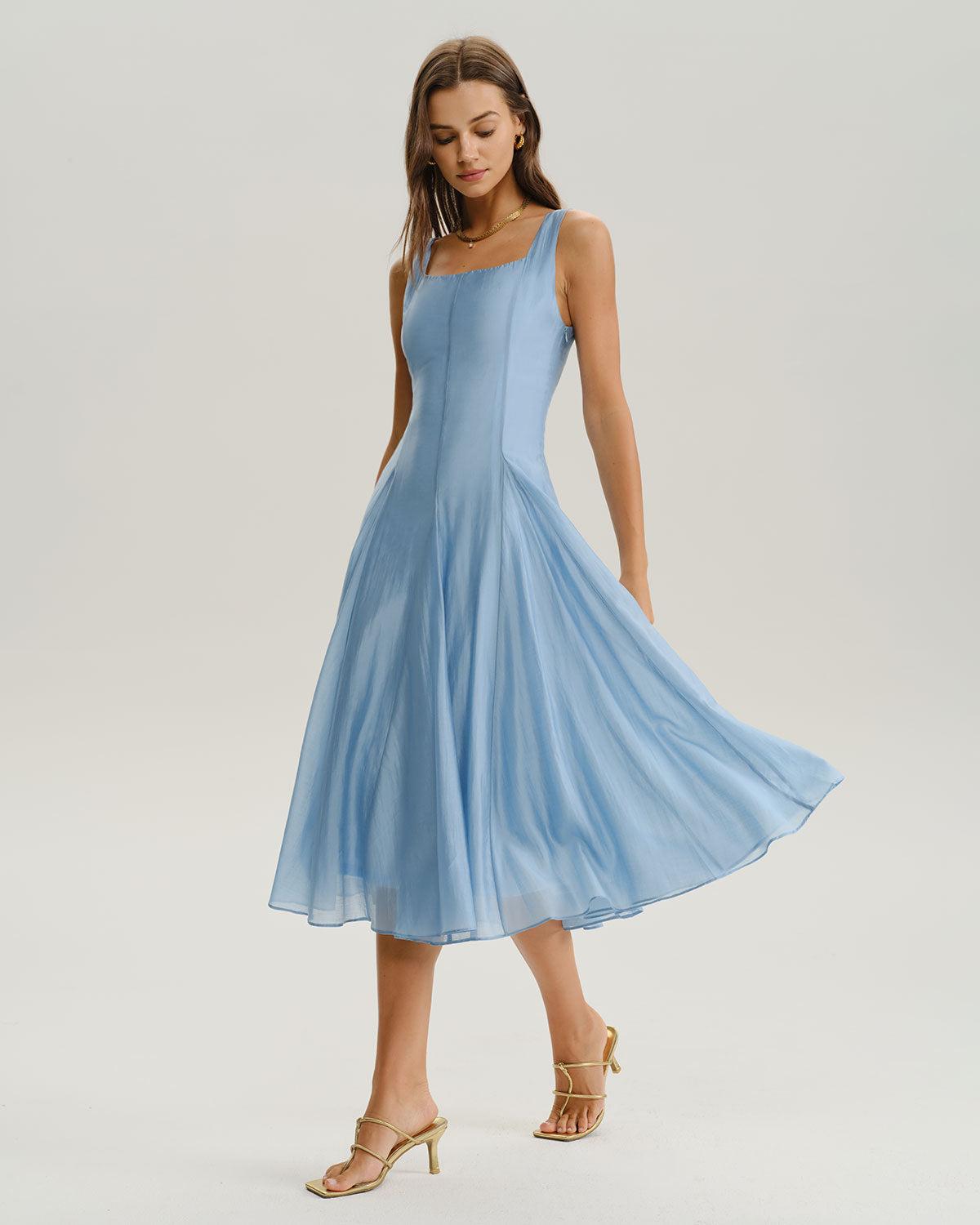 Blue Square Neck A-Line Sleeveless Midi Dress Product Image