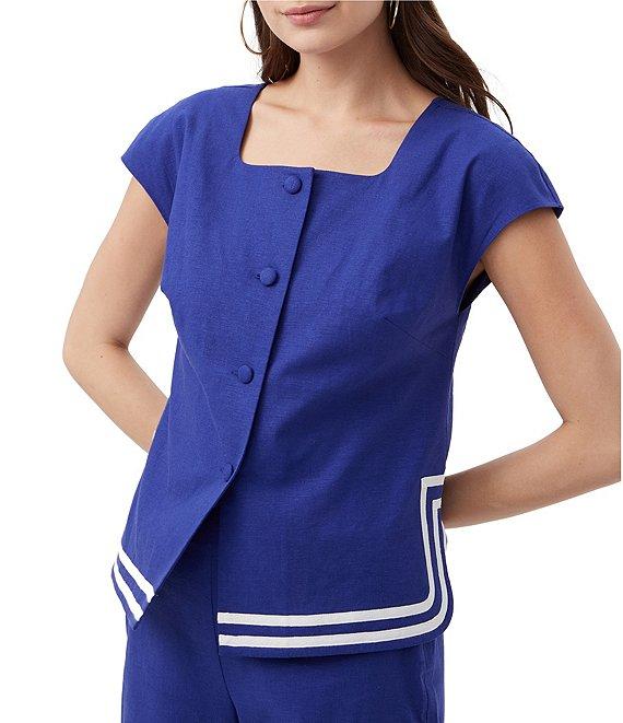 Trina Turk Valence Stretch Linen Blend Square Neck Cap Sleeve Button Front Top Product Image