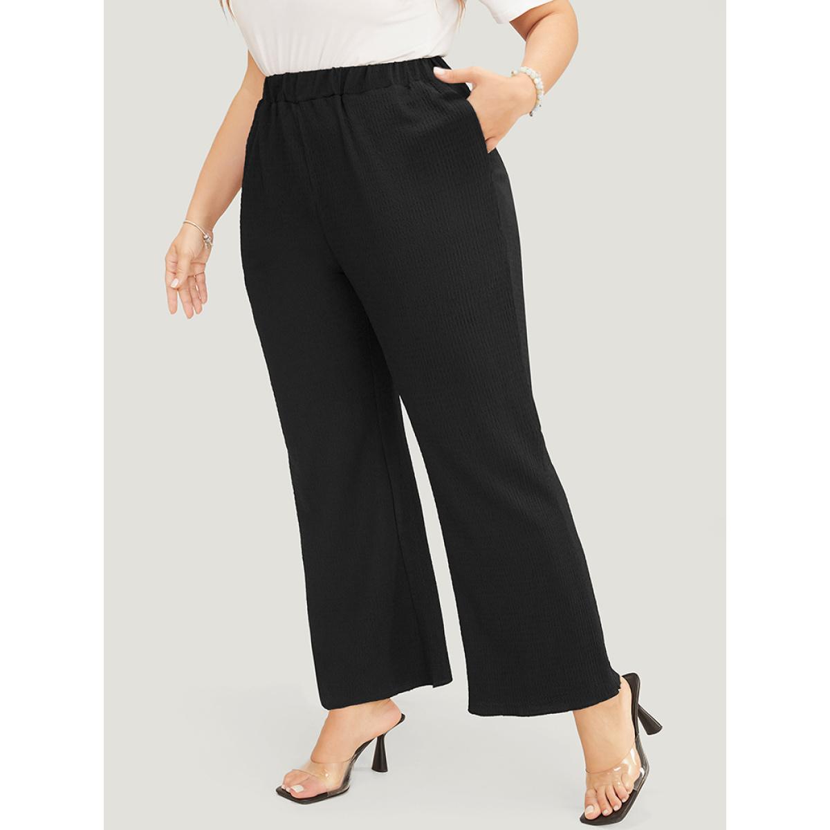 Plus Size Solid Textured Elastic Waist Pocket Bootcut Pants Women Black Casual Mid Rise Dailywear Pants BloomChic 26/4X Product Image