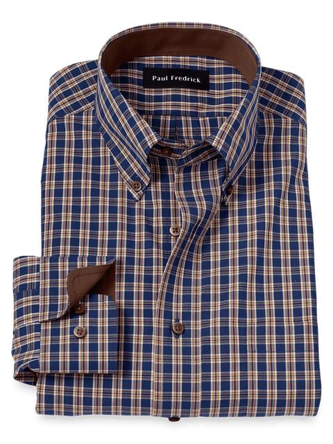 Non-Iron Cotton Plaid Dress Shirt With Contrast Trim - Blue/brown Product Image