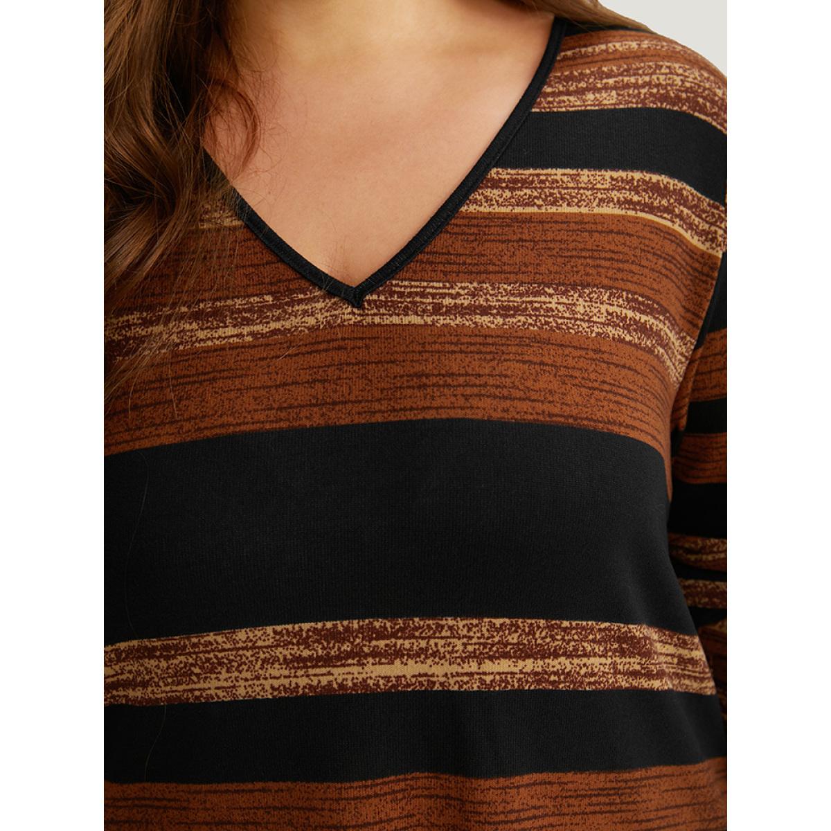 Plus Size Striped Contrast V Neck T-shirt Multicolor Women Casual Printed Striped V-neck Dailywear T-shirts BloomChic 22-24/3X Product Image