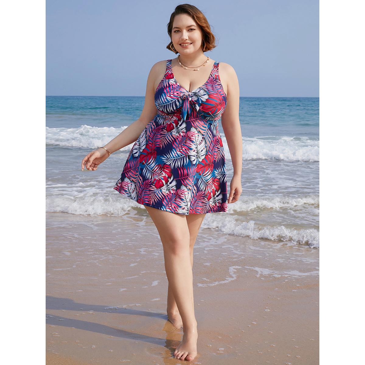 Plus Size Tropical Print Knotted Front Swim Dress Women's Swimwear Indigo Vacation Bodycon V-neck High stretch Curve Swim Dresses BloomChic 12/L Product Image