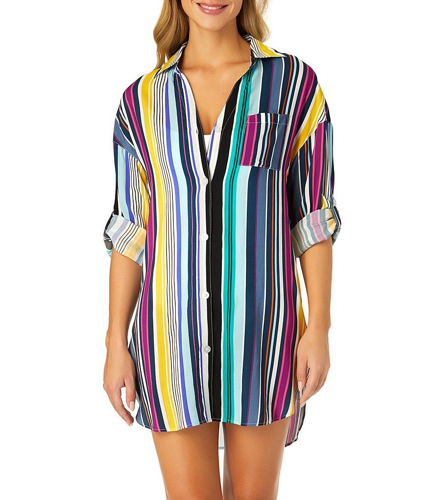 Anne Cole Barcode Multi Color Stripe Point Collar Roll-Tab Button Front Shirt Dress Swim Cover-Up Product Image