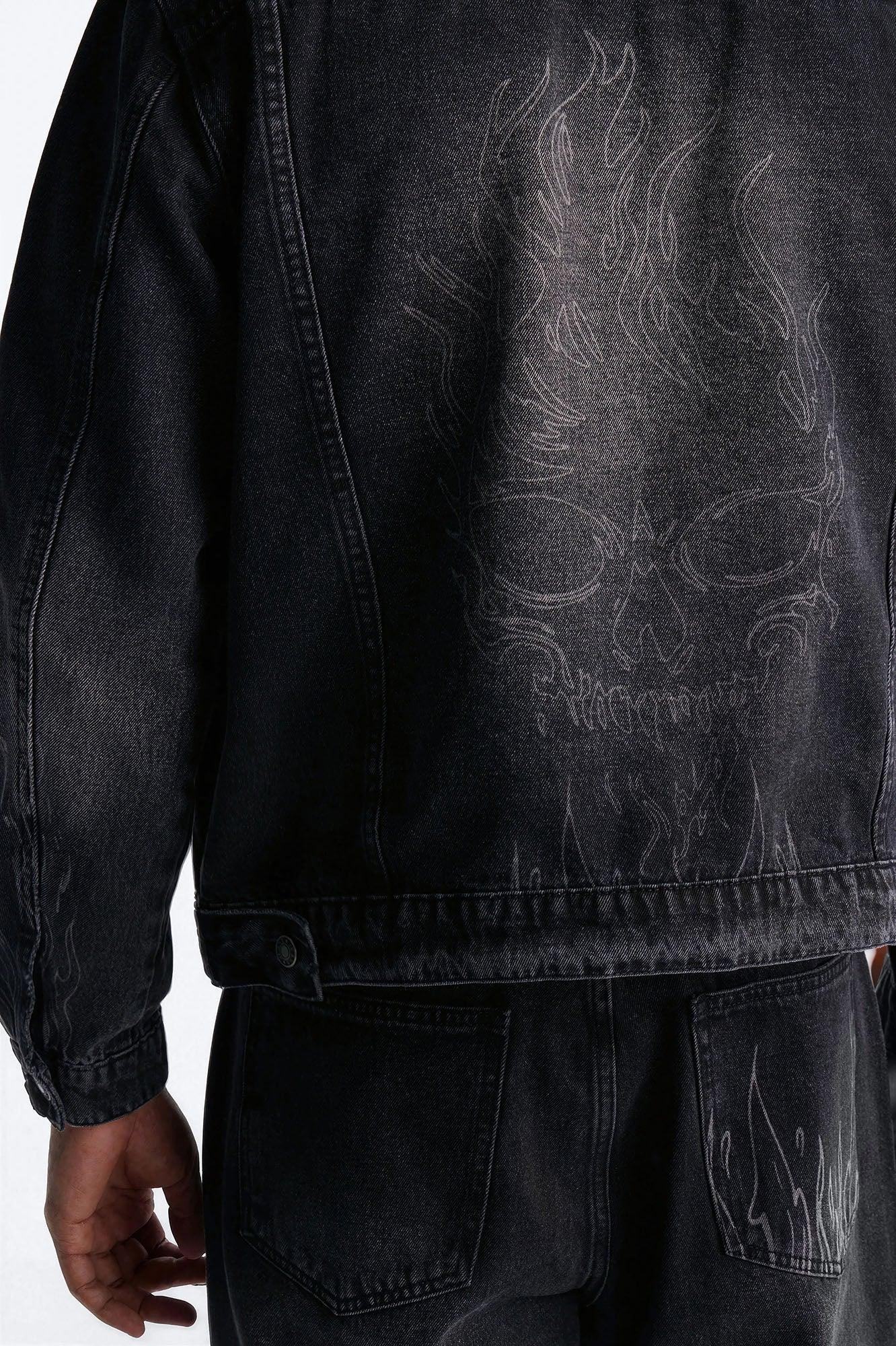 Cropped Hellfire Denim Trucker Jacket - Black Wash Product Image