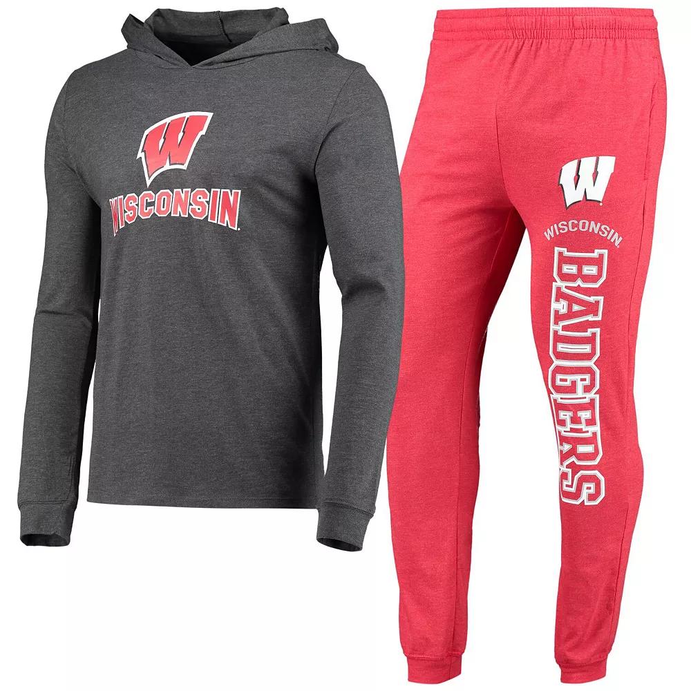 Men's Concepts Sport Heathered Red/Heathered Charcoal Wisconsin Badgers Meter Long Sleeve Hoodie T-Shirt & Jogger Pants Set,  Product Image