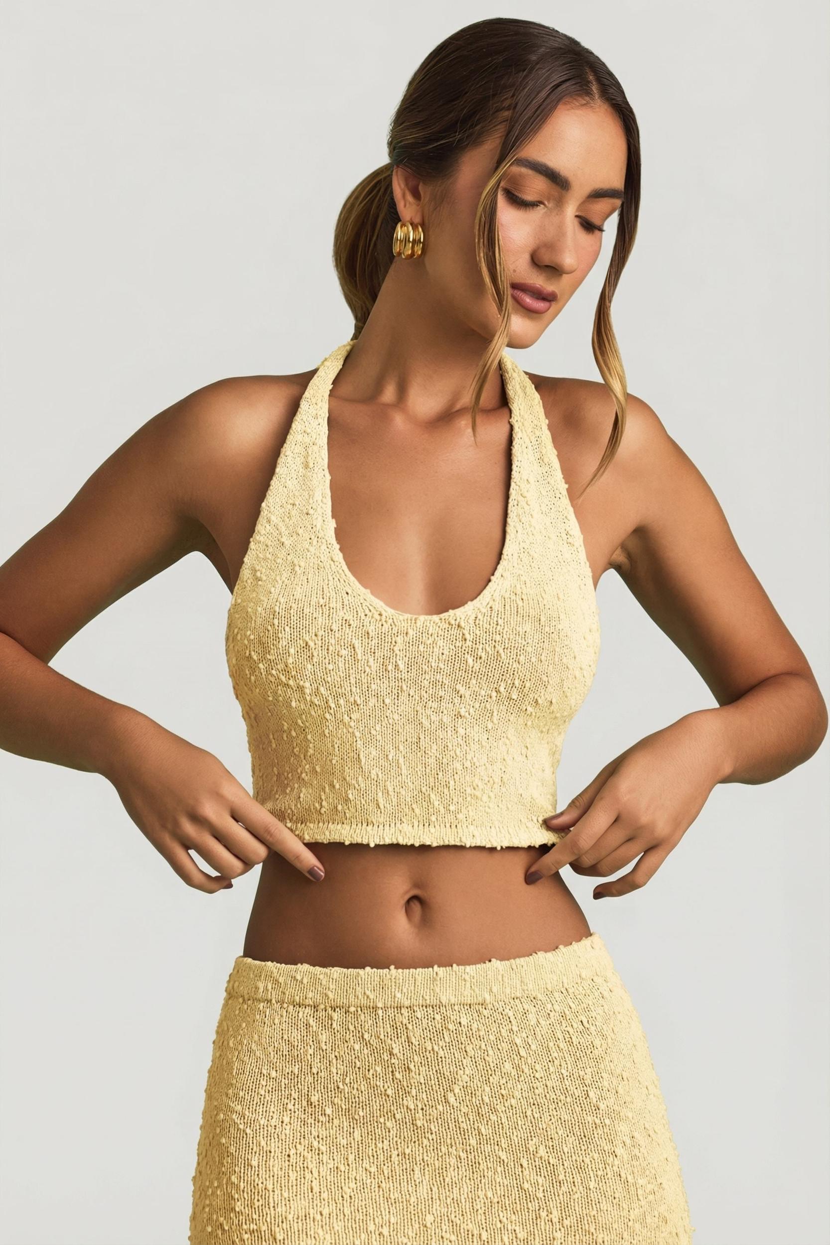 Bouclé Halterneck Crop Top in Yellow Product Image