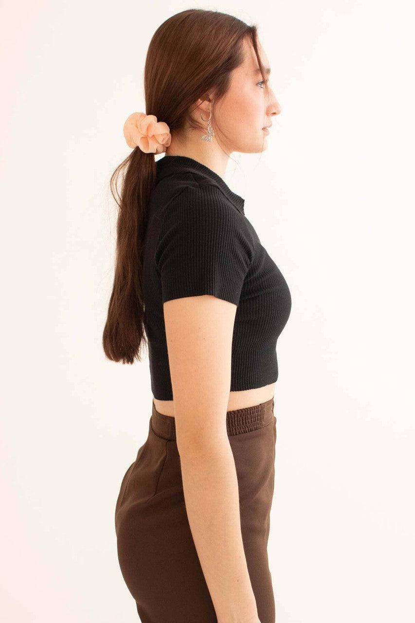 Black Raw Edge Ribbed Crop Polo Product Image