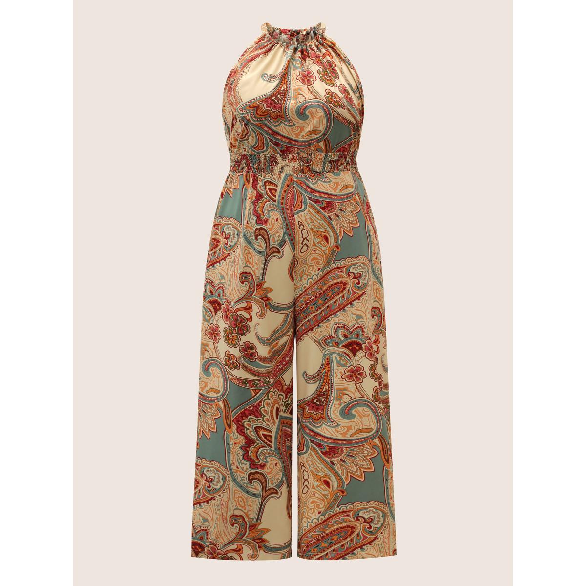 Plus Size Emerald Paisley Print Halter Shirred Elastic Waist Jumpsuit Women Resort Sleeveless Halter neck Vacation Loose Jumpsuits BloomChic 30/6X Product Image