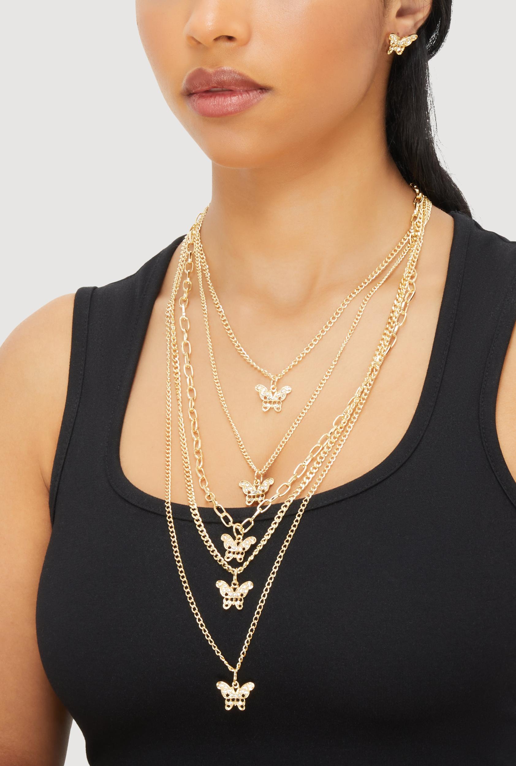 Butterfly Charm Layered Chain Necklace and Earrings Male Product Image