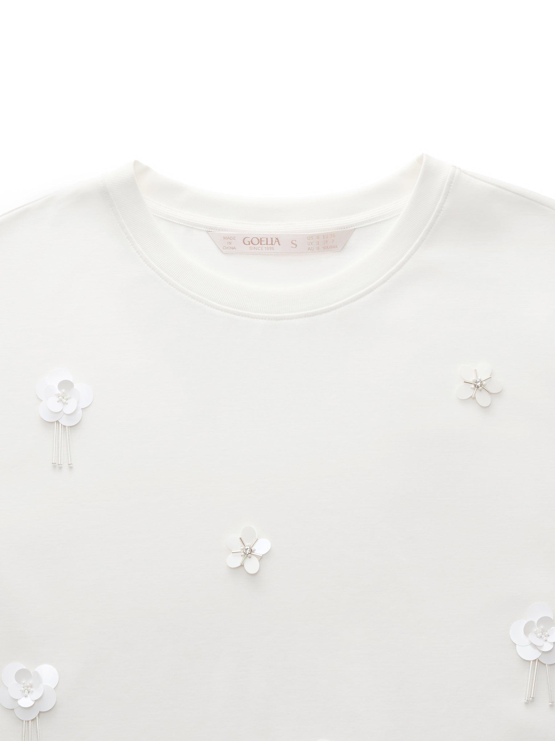 100% Cotton 3D Floral Beaded Women T-Shirt Product Image