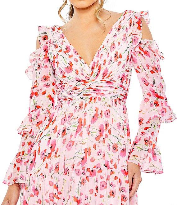 Mac Duggal Floral Print V-Neck Long Sleeve Tiered Ruffled A-Line Gown Product Image