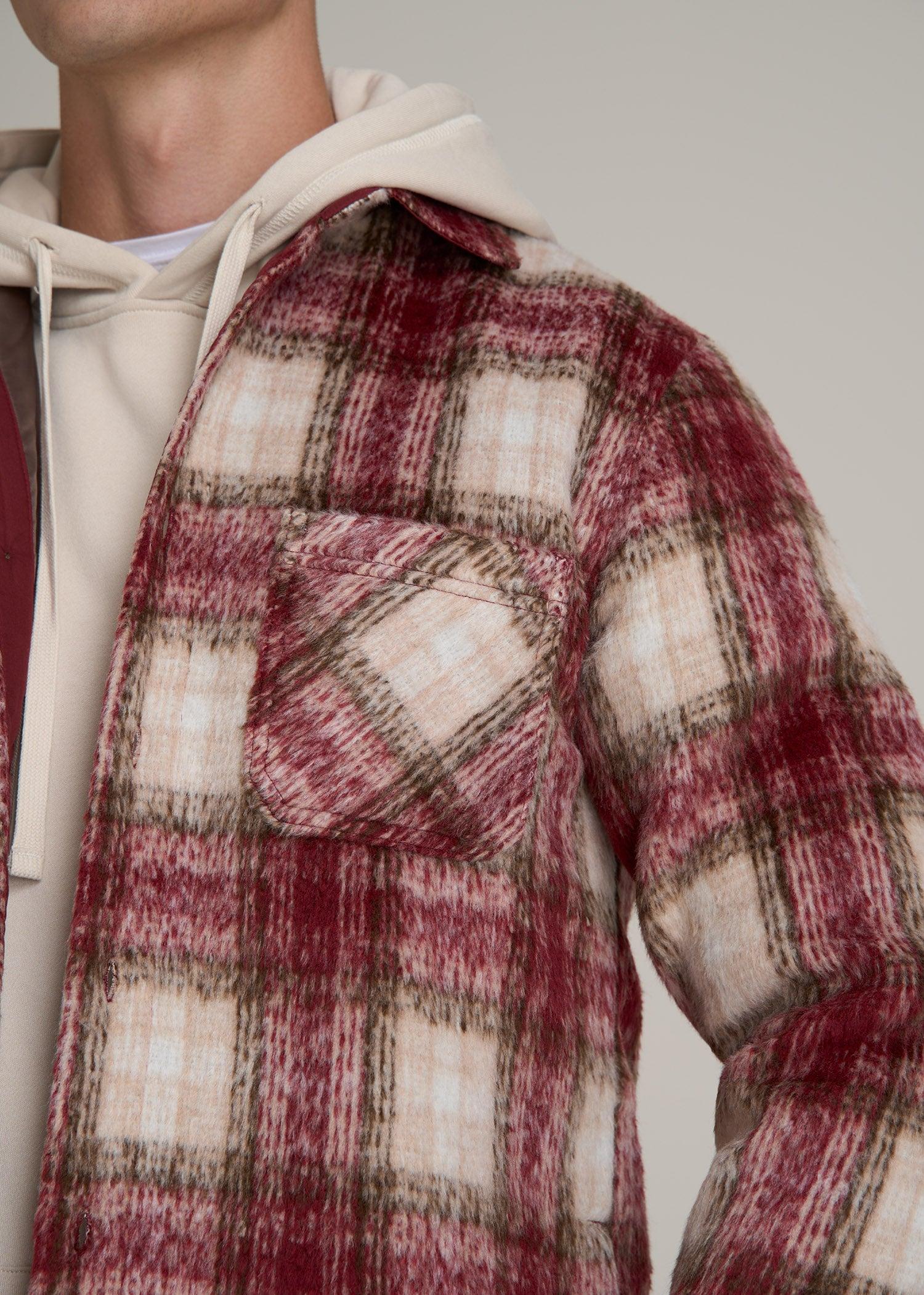 Brushed Flannel Overshirt for Tall Men in Ecru and Red Plaid Male Product Image