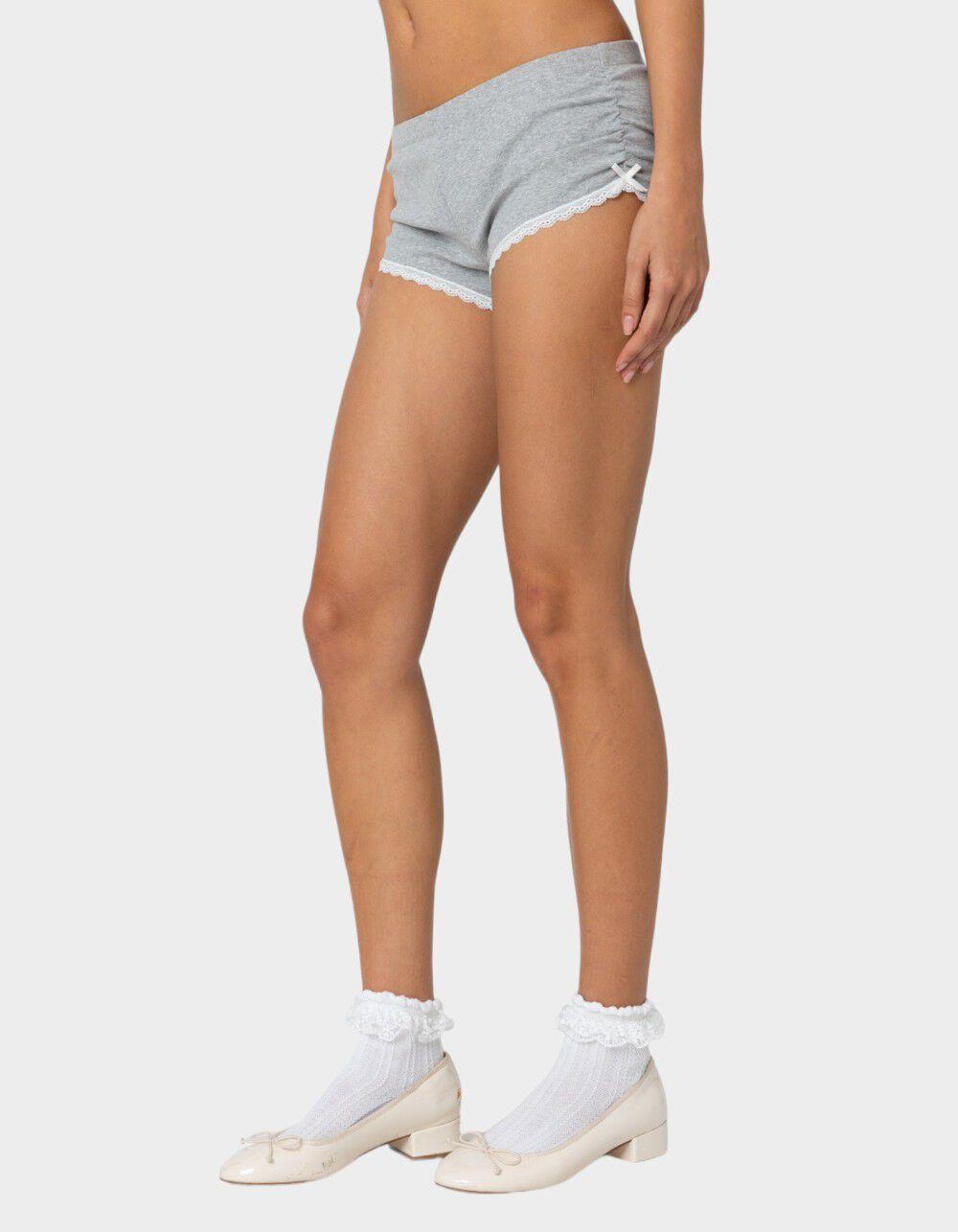 EDIKTED Kadence Ruched Lace Trim Shorts - GRAY Product Image