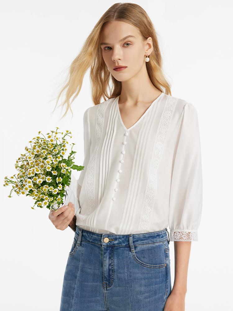 Acetate V-Neck Lace Trim Women Blouse Product Image