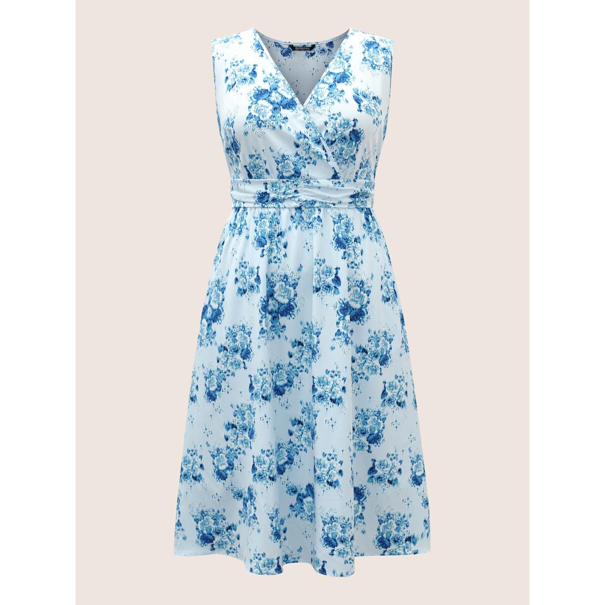Plus Size Overlap Collar Floral Sleeveless Ruched Dress LightBlue Women Elegant Gathered Overlap Collar Sleeveless Curvy Midi Dress BloomChic 14-16/1X Product Image