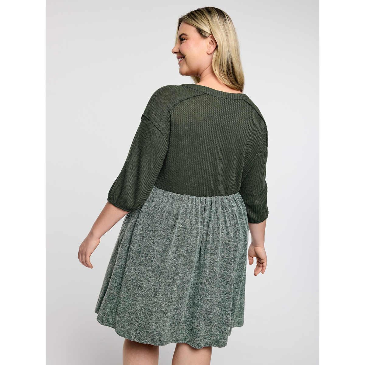 Plus Size Textured Drop Shoulder Patchwork Knit Dress Teal Women Knit Dresses Bloomchic 26/4X Product Image