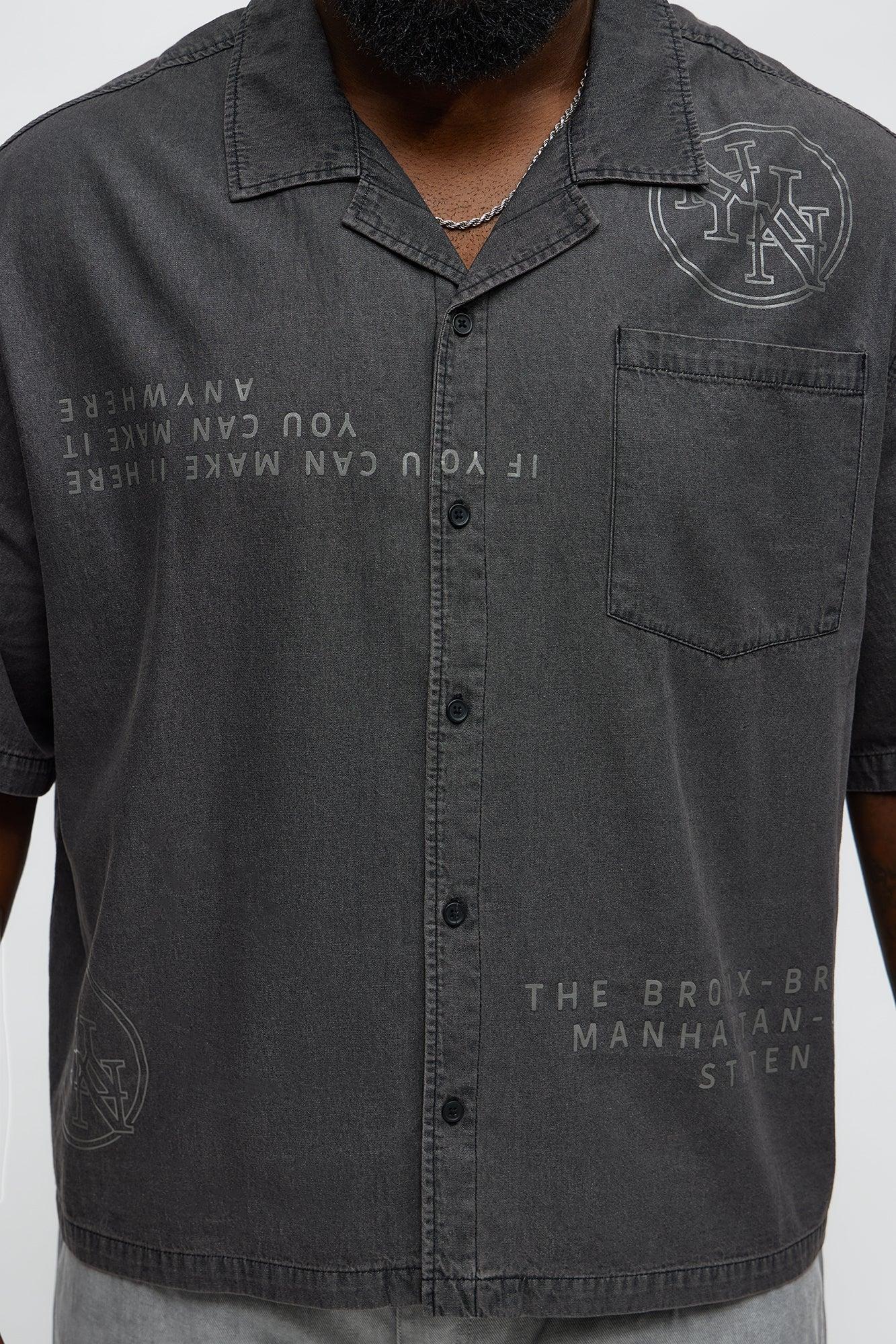 Denim Cuban Collar Button Up Shirt - Black Wash Male Product Image