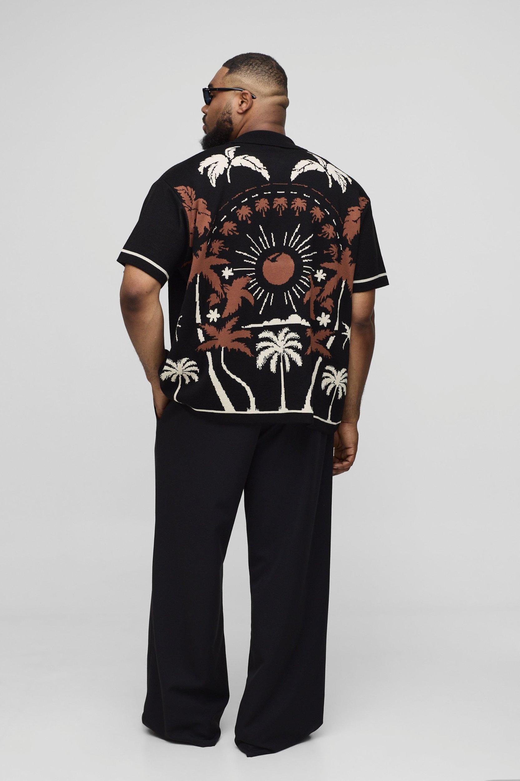 Plus Relaxed Palm Scenic Jacquard Knitted Shirt | boohooMAN USA Product Image