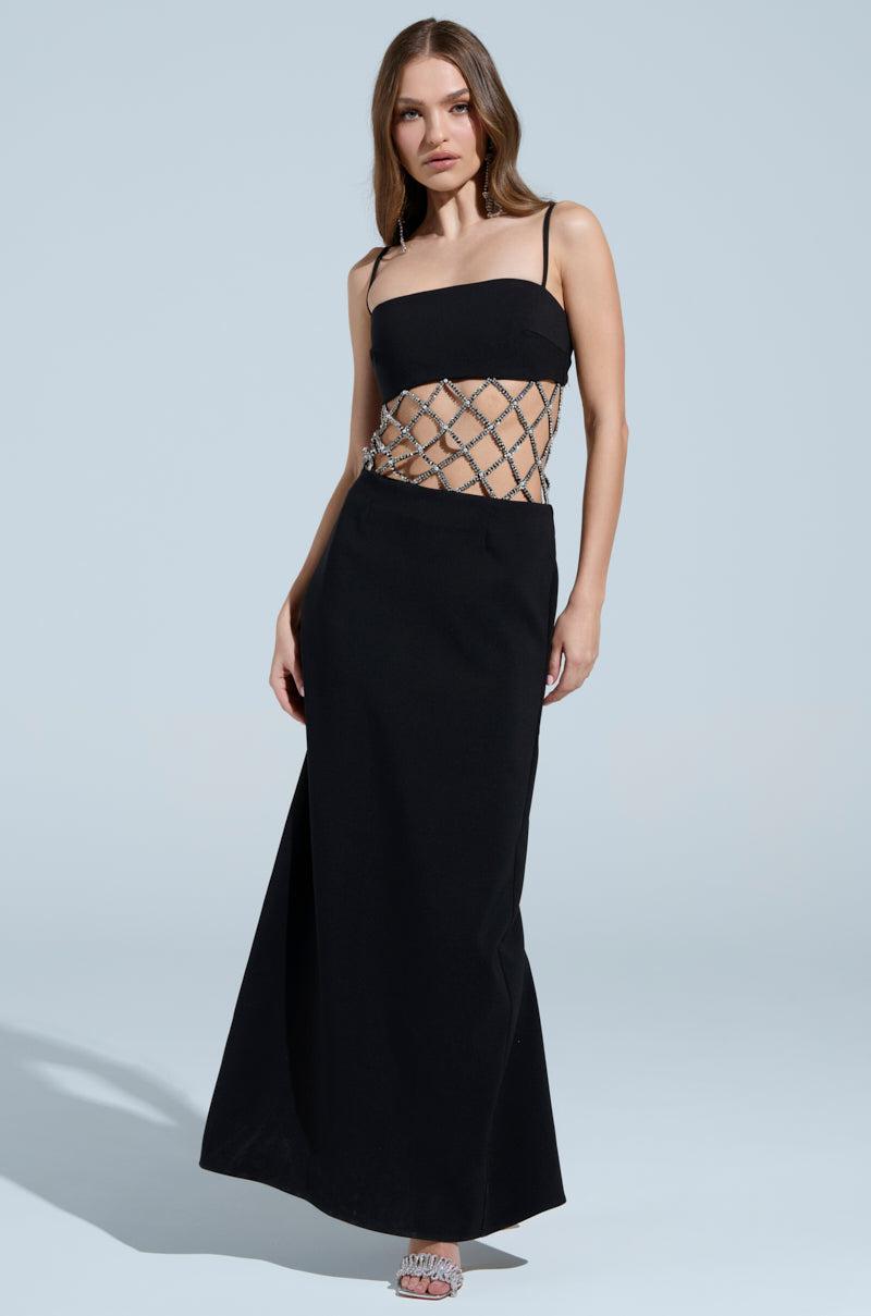 TAKE IT BLACK MIDI DRESS WITH RHINESTONE CUTOUT Product Image