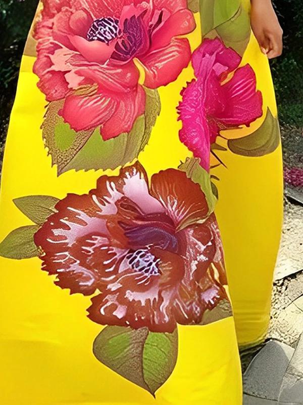 A-Line Sleeveless Flower Print Split-Joint V-Neck Maxi Dresses Product Image