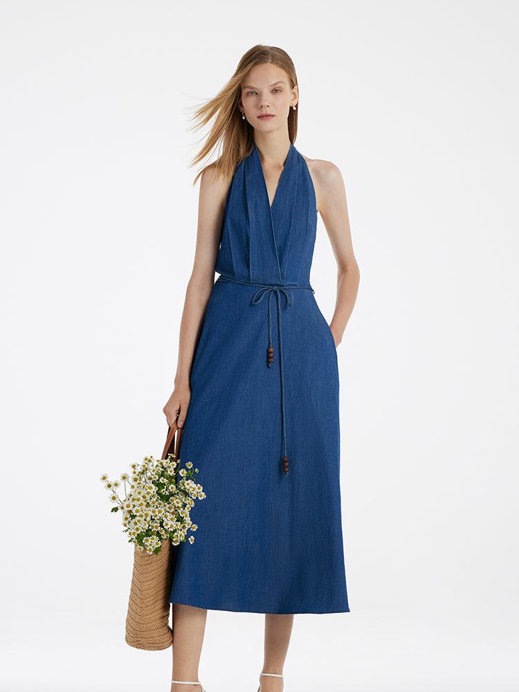 Denim Halter Women Midi Dress With Rope Belt Product Image