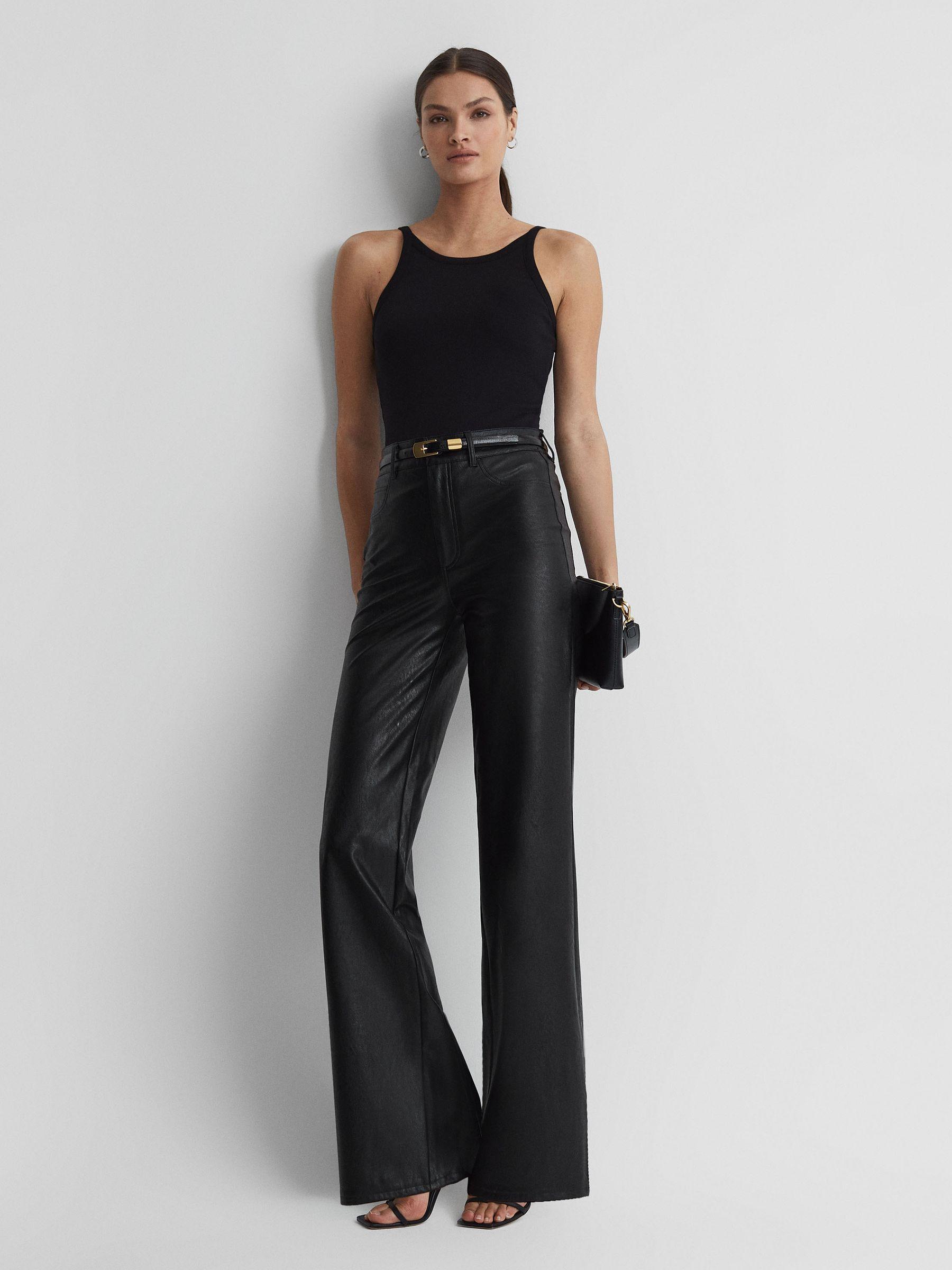 Paige High Rise Leather-Look Wide Leg Jeans in Black Product Image