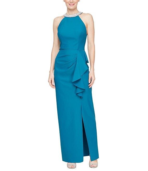 Alex Evenings Embellished Halter Neck Sleeveless Cascade Ruffle Sheath Dress Product Image