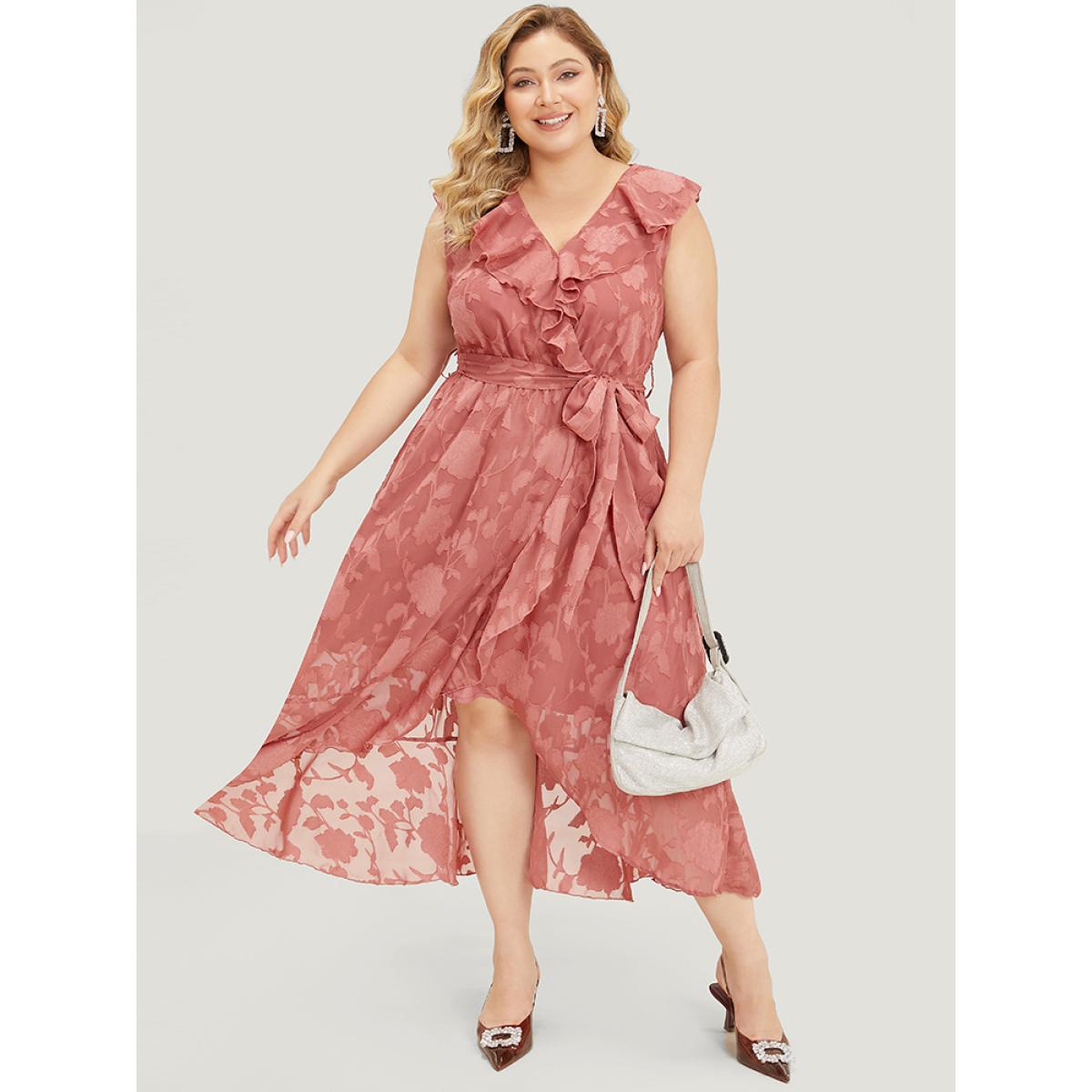 Plus Size Floral Print Ruffle Trim Wrap Belted Asymmetrical Tank Dress DustyPink Women Glamour Lined V-neck Sleeveless Curvy Midi Dress BloomChic 12/L Product Image