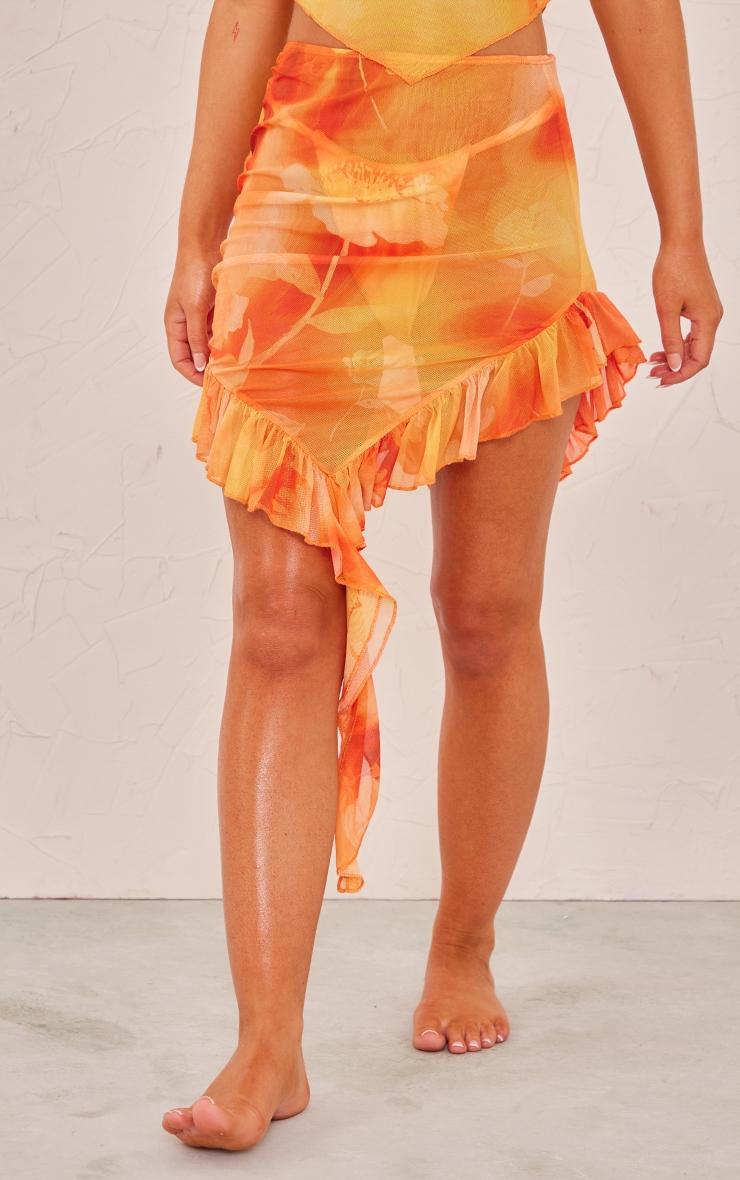 Orange Ombre Flower Print Frill Mesh Beach Skirt Product Image