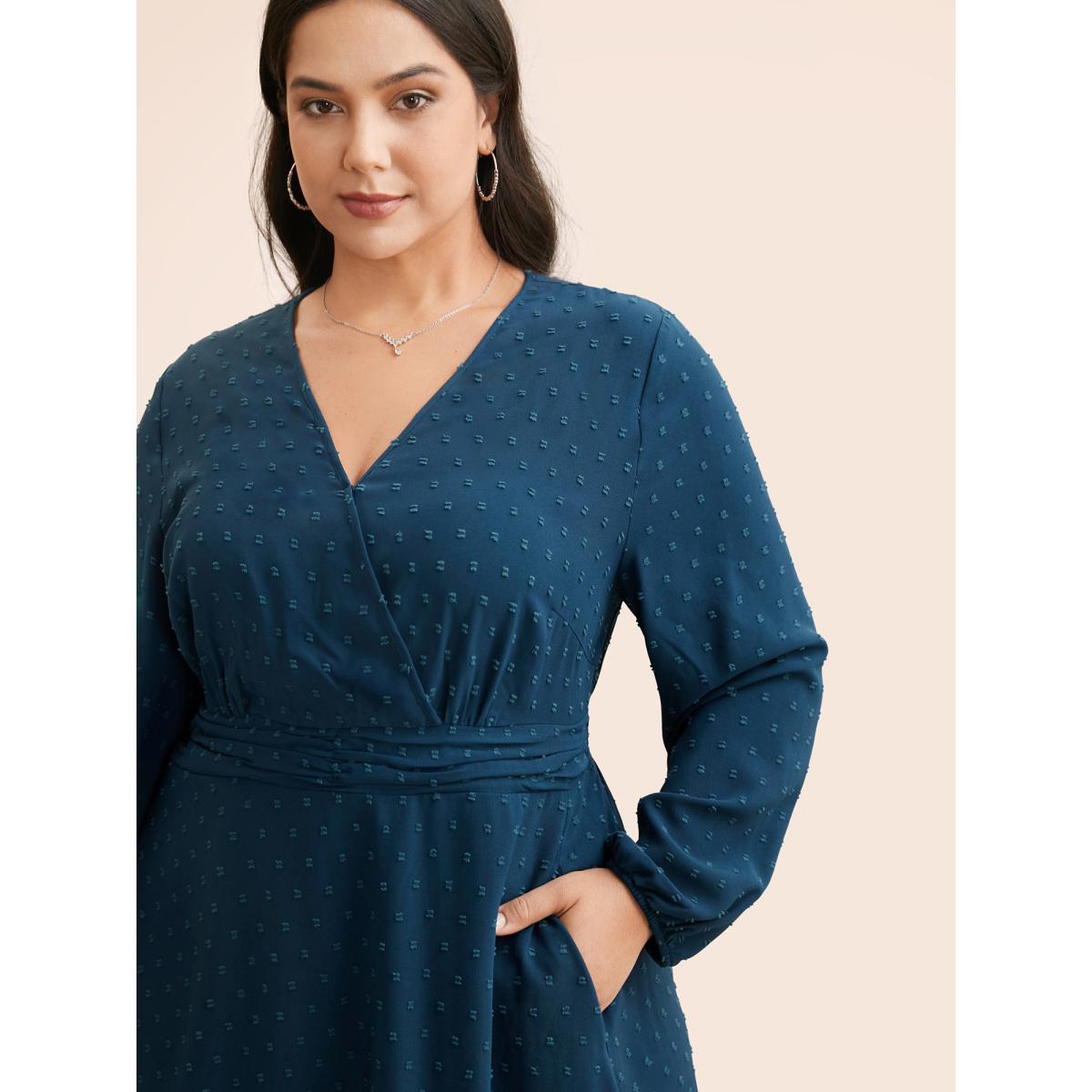 Plus Size Overlap Collar Textured Ruched Dress Aegean Women Elegant Texture Overlap Collar Long Sleeve Curvy BloomChic 12/L Product Image