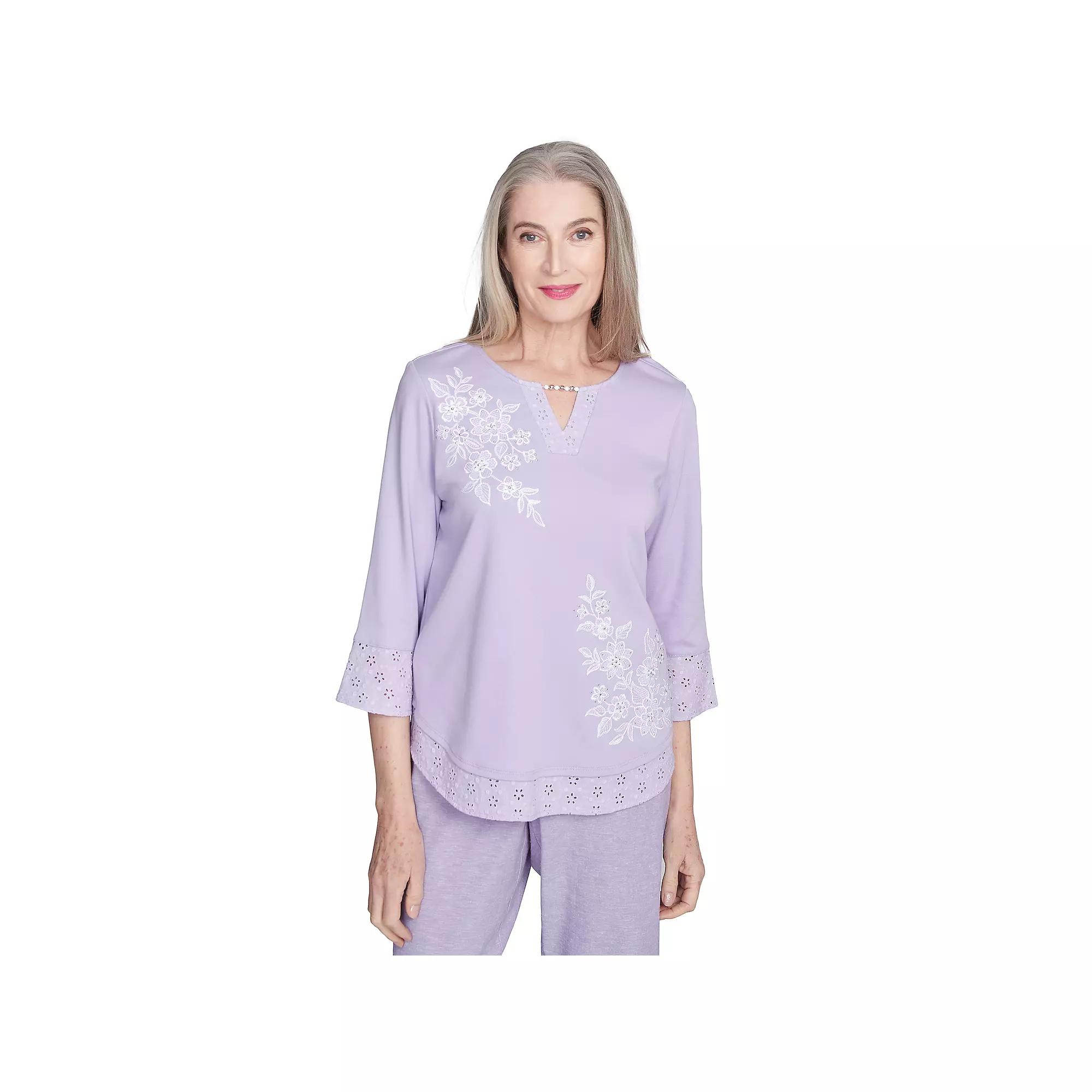 Women's Alfred Dunner Floral Embroidered Eyelet Top, Size: Medium, Purple Product Image