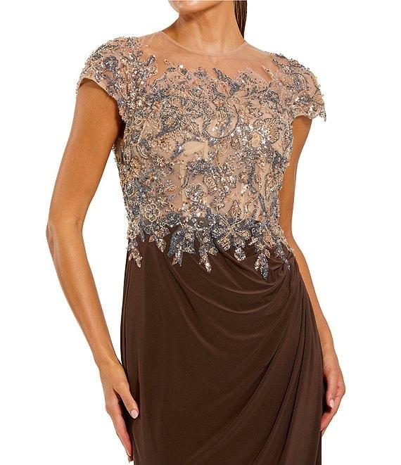 Mac Duggal Jersey Cap Sleeve Crystal Beaded Applique Sheath Gown Product Image