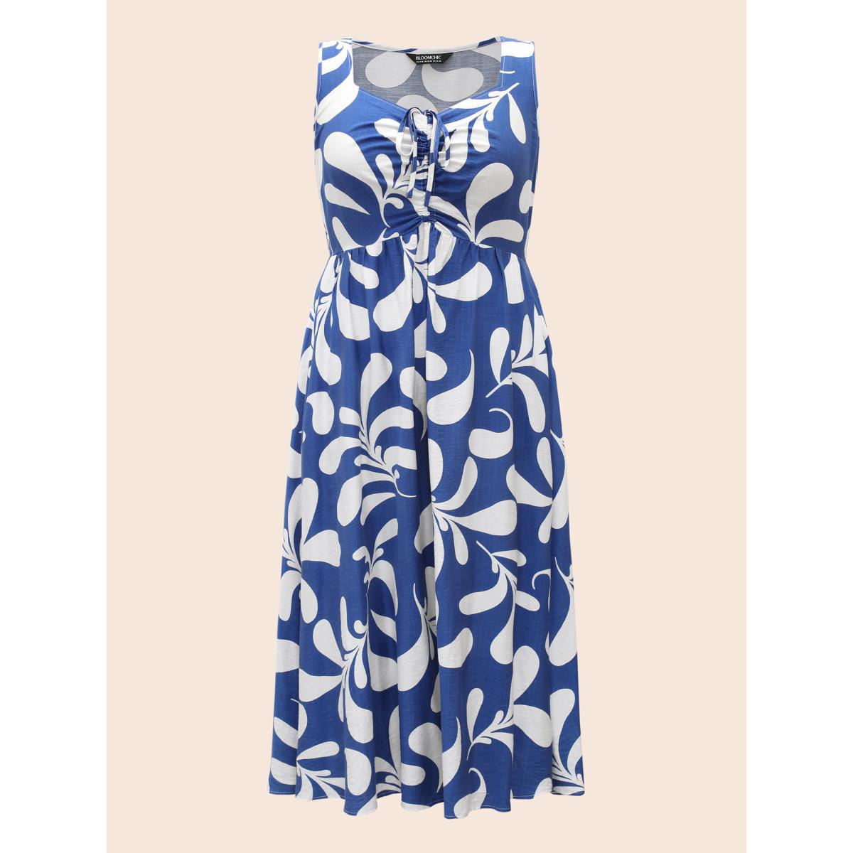Plus Size Silhouette Floral Print Drawstring Midi Dress Mediumblue Women Elegant Gathered Heart neckline Sleeveless Curvy BloomChic 14-16/1X Product Image