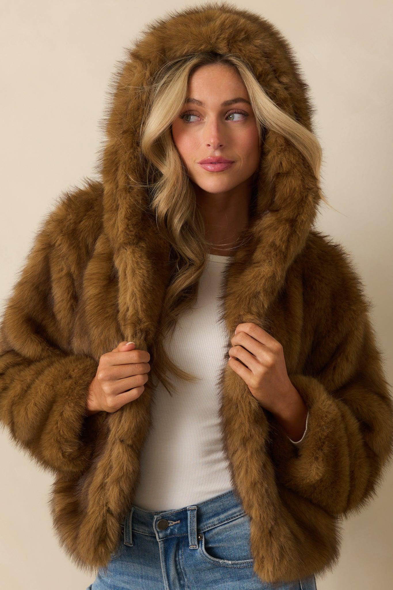 Everything Considered Brown Faux Fur Hooded Jacket Product Image