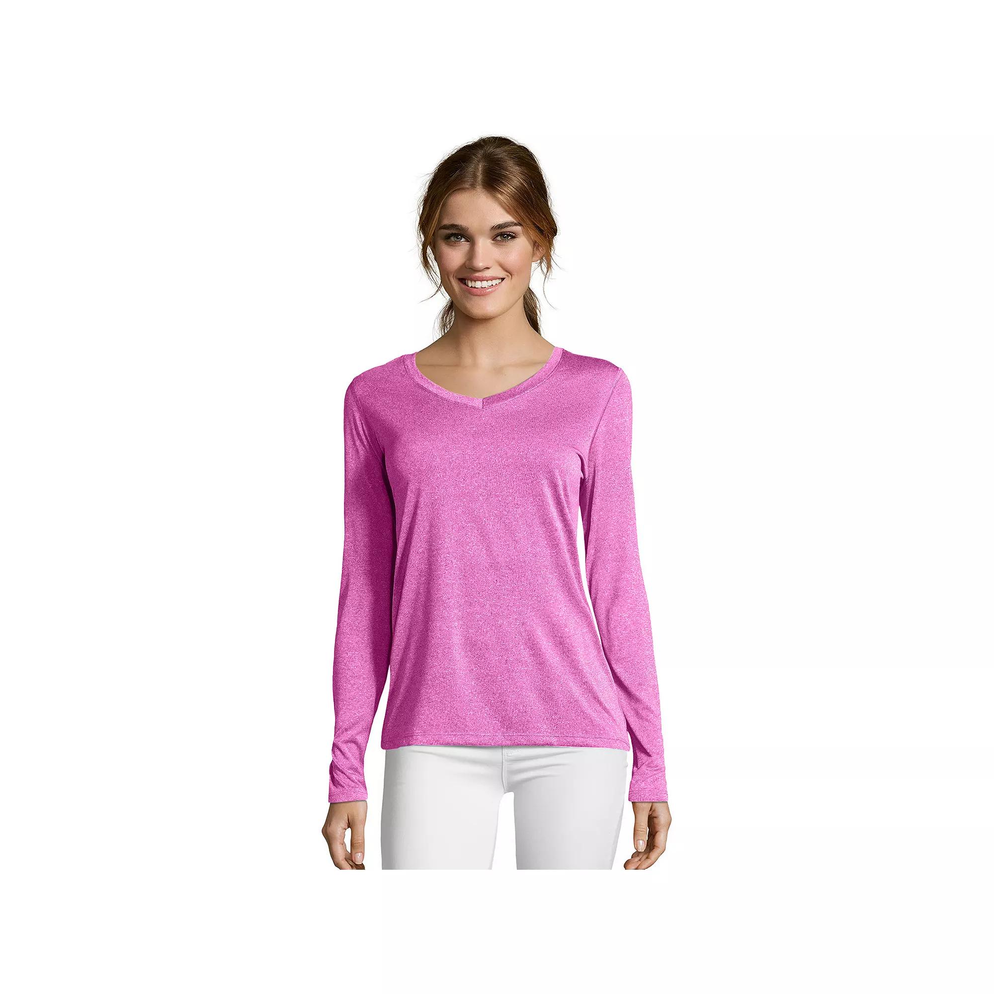 Women's Hanes® Cool Dri Long-Sleeve Performance V-Neck Tee, Size: XXL, Fresh Berry Grey Product Image