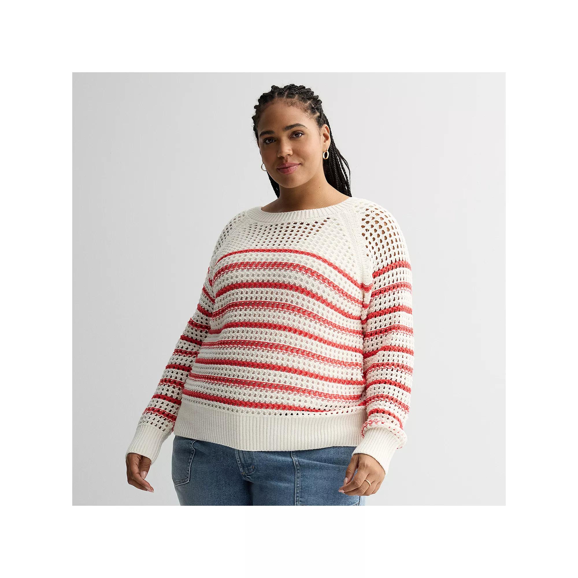 Plus Size Sonoma Goods For Life® Open Stitch Pullover, Women's, Size: 5XL, Ivory Navy Stripe Product Image