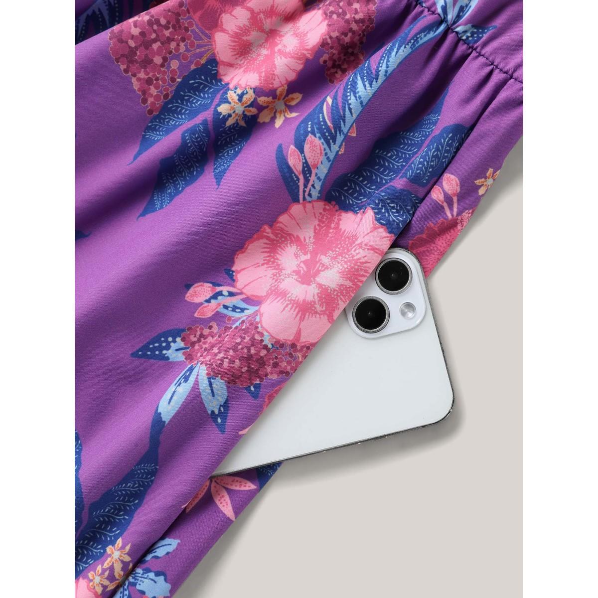 Plus Size Large Flower Print Split Neck Midi Dress DarkViolet Women Notched collar Elbow-length sleeve Curvy BloomChic 14-16/1X Product Image