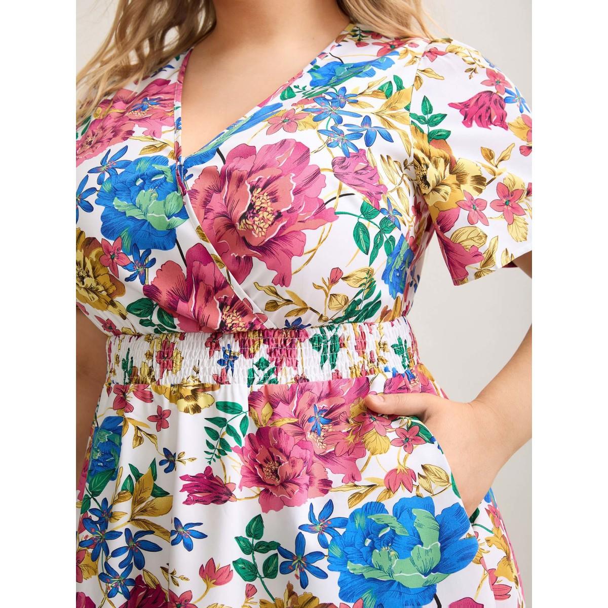 Plus Size Blooming Flowers Surplice Neck Pockets Dress Ivory Women Elegant Shirred Overlap Collar Short sleeve Curvy BloomChic 26/4X Product Image