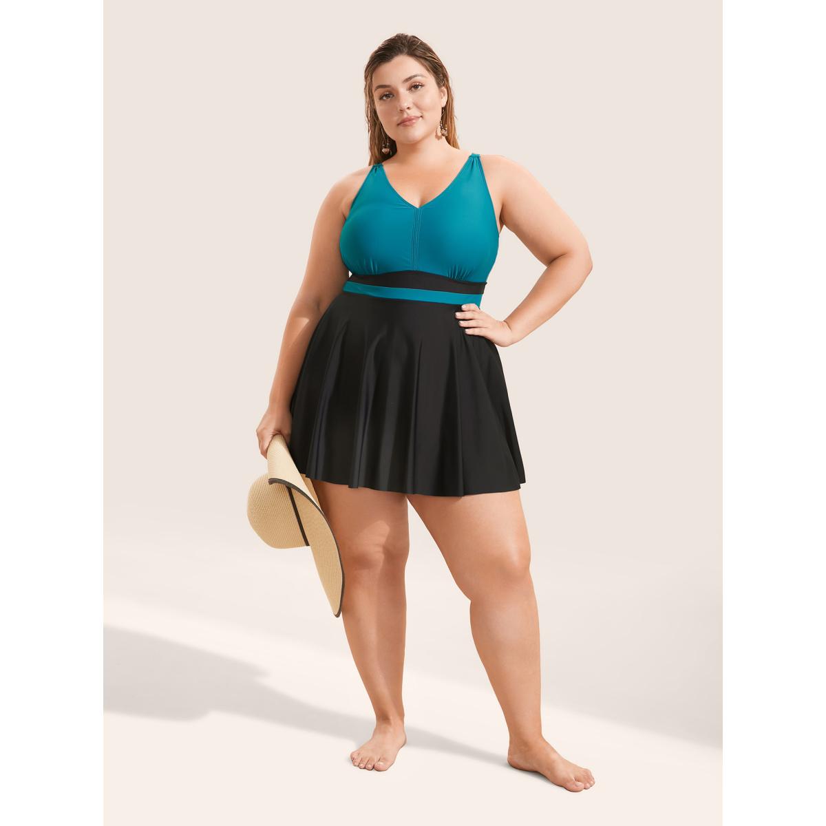 Plus Size V Neck Two Tone Patchwork Swim Dress Women's Swimwear Emerald Beach Bodycon V-neck High stretch Curve Swim Dresses BloomChic 30/6X Product Image