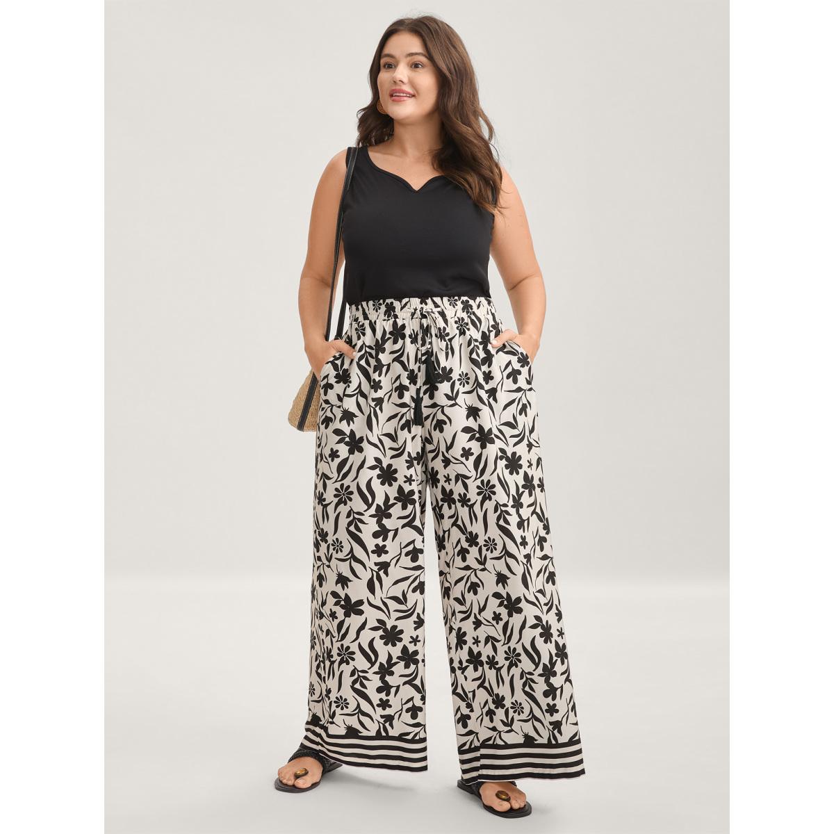 Plus Size Floral Print Wide-Leg Contrast Pants Women BlackFlower Resort Wide Leg Mid Rise Vacation Pants BloomChic 10/M Product Image