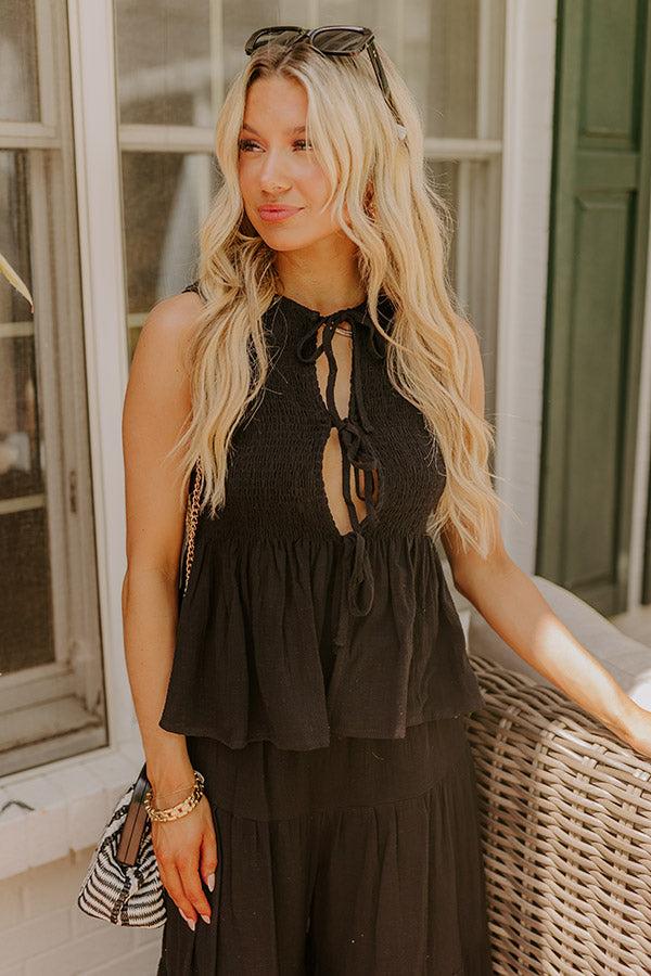 Santorini Breeze Front Tie Smocked Top in Black Product Image