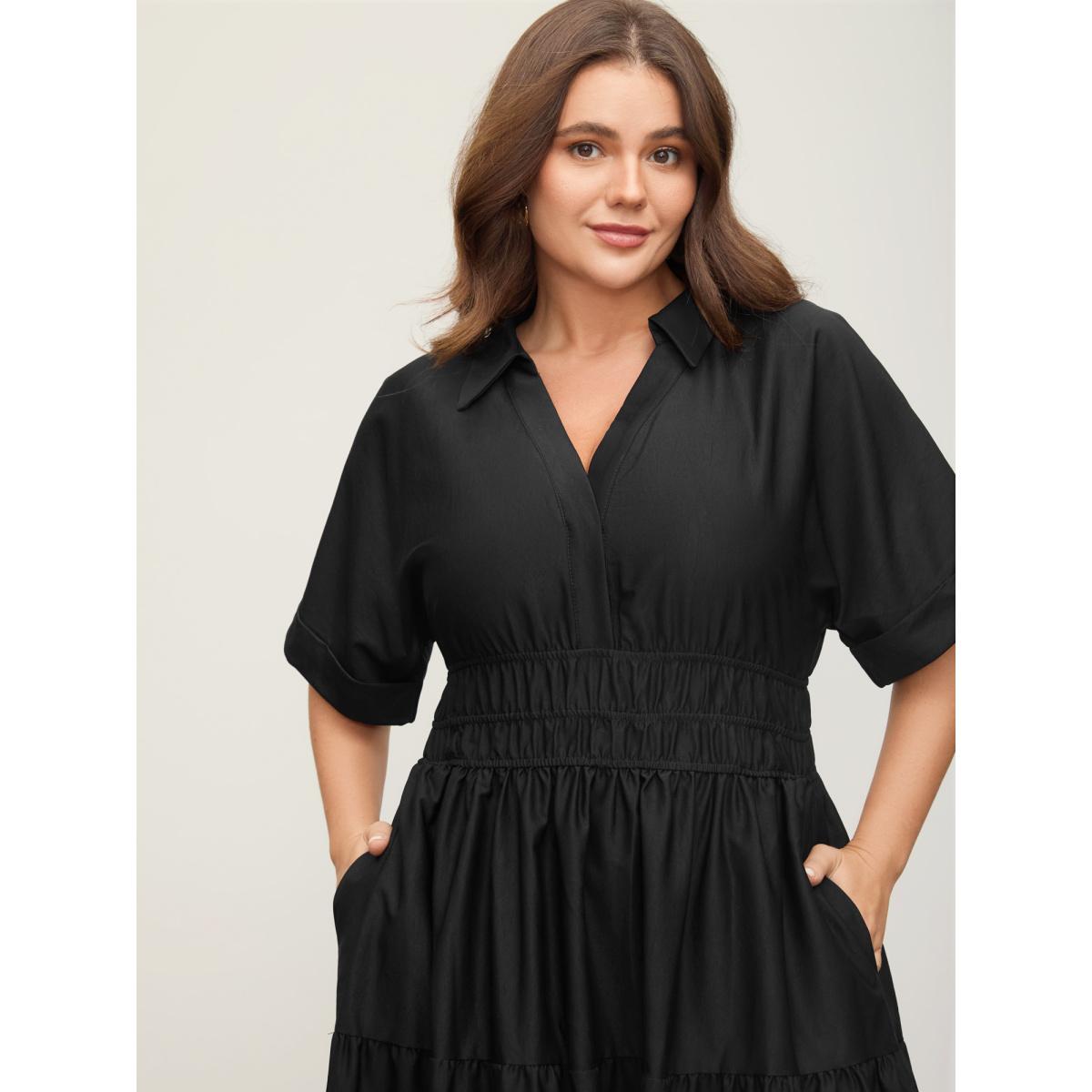Plus Size Midfield Tiered Midi Shirt Dress Black Women Office Gathered Shirt collar Short sleeve Curvy BloomChic 30/6X Product Image