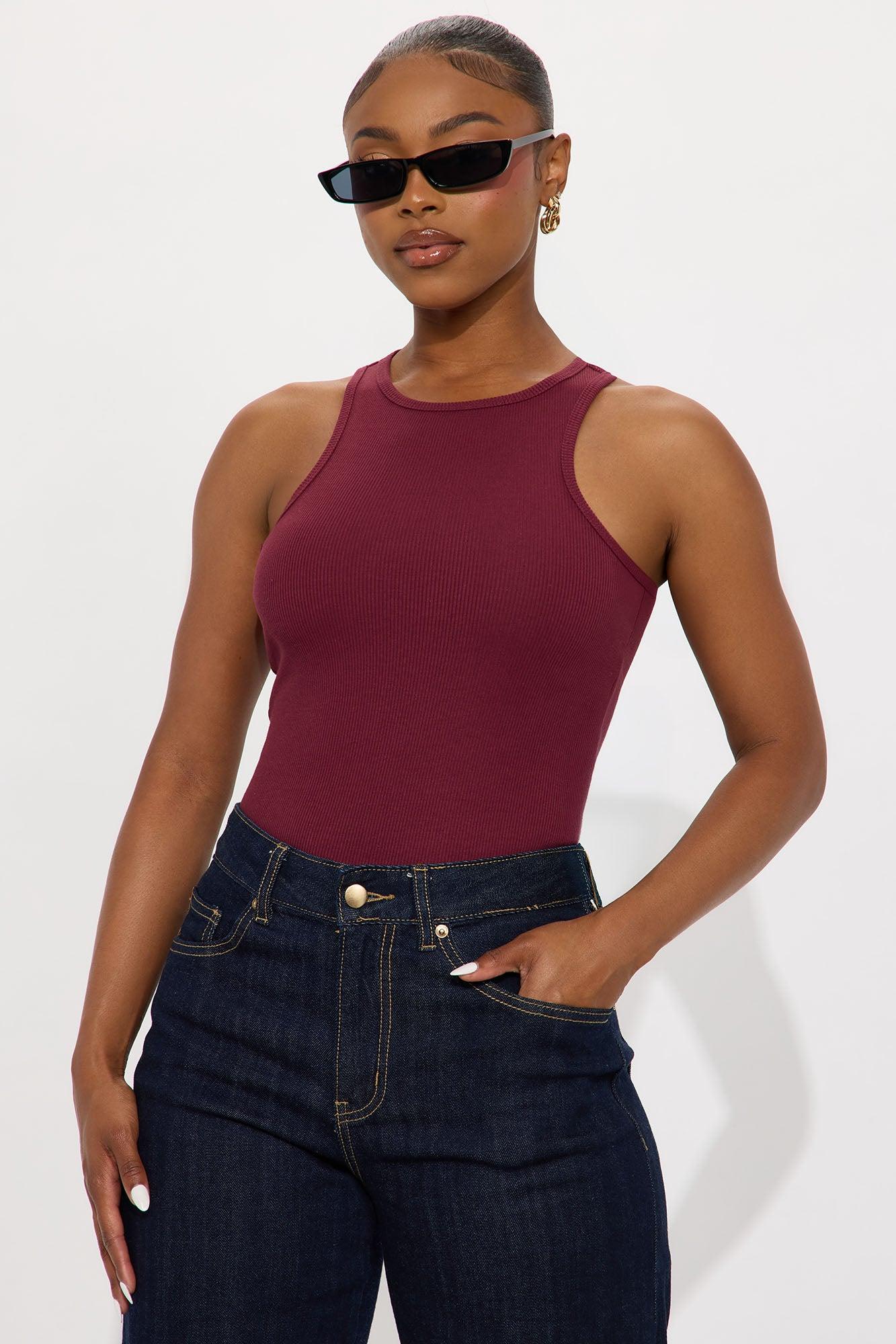 Model Attitude Racerback Bodysuit - Burgundy Female Product Image